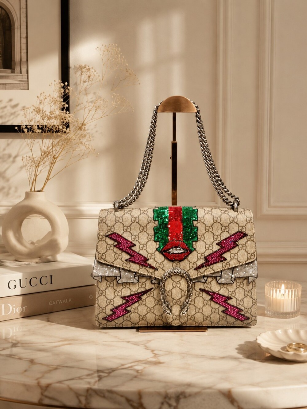 GUCCI GG SUPREME MONOGRAM LIGHTNING EMBROIDERED MEDIUM DIONYSUS SHOULDER BAG
